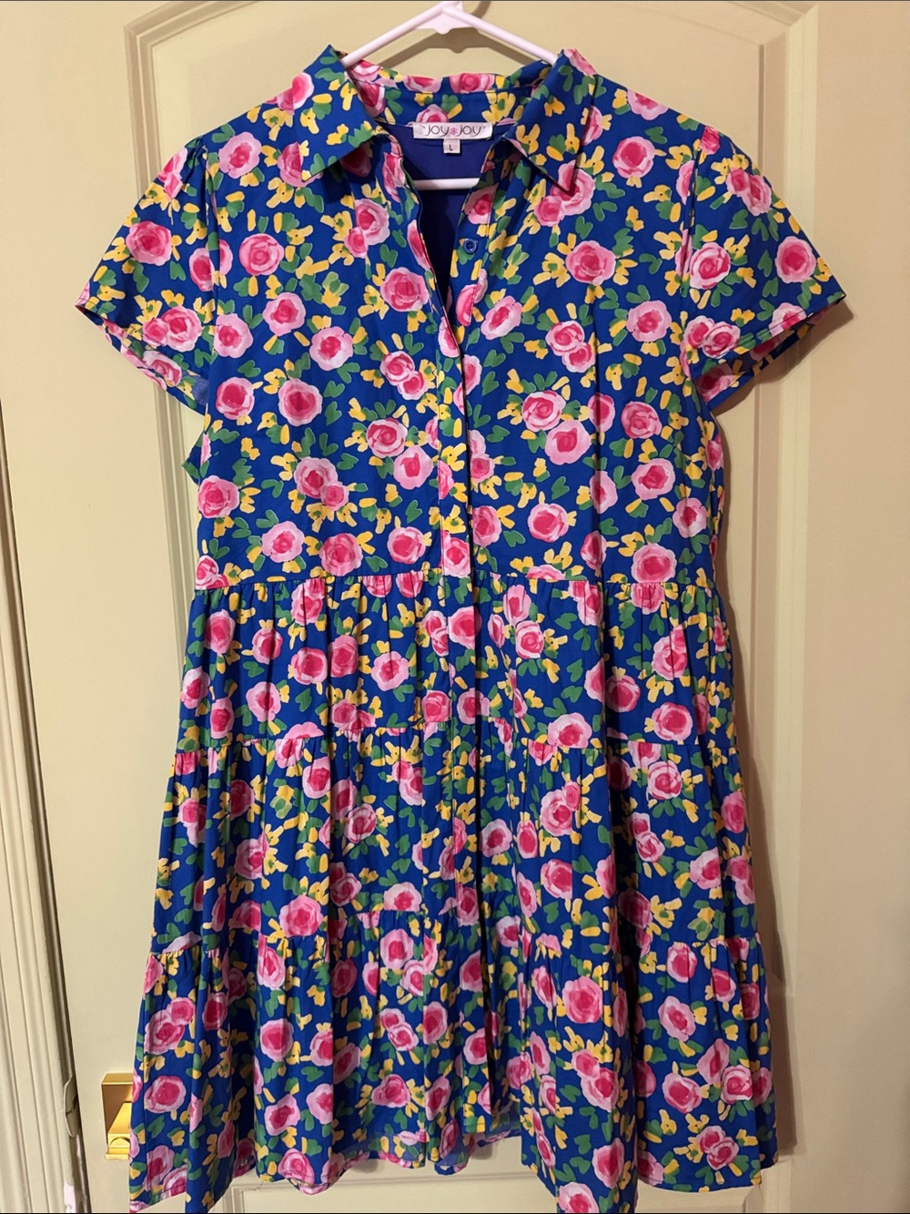 Joy Joy Blue Floral Button-Front Tiered Dress with Pink Roses